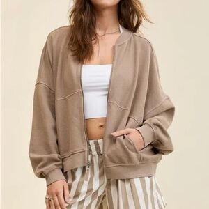 Aerie Taupe Zip-Up Bomber Sweater